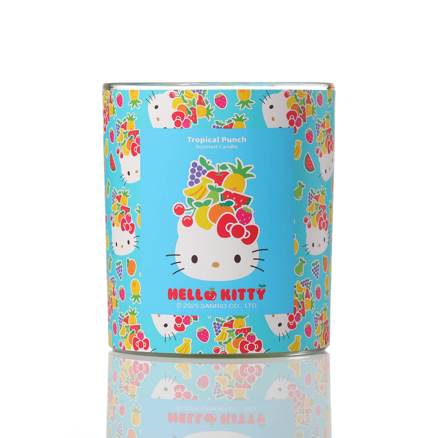 Blauwe kaars met originele Hello Kitty-print, geur Tropical Punch.