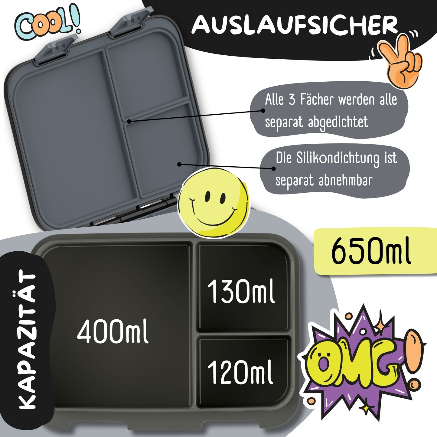 Lunchbox with Compartments, Lightweight & Leak-proof - Game Black
