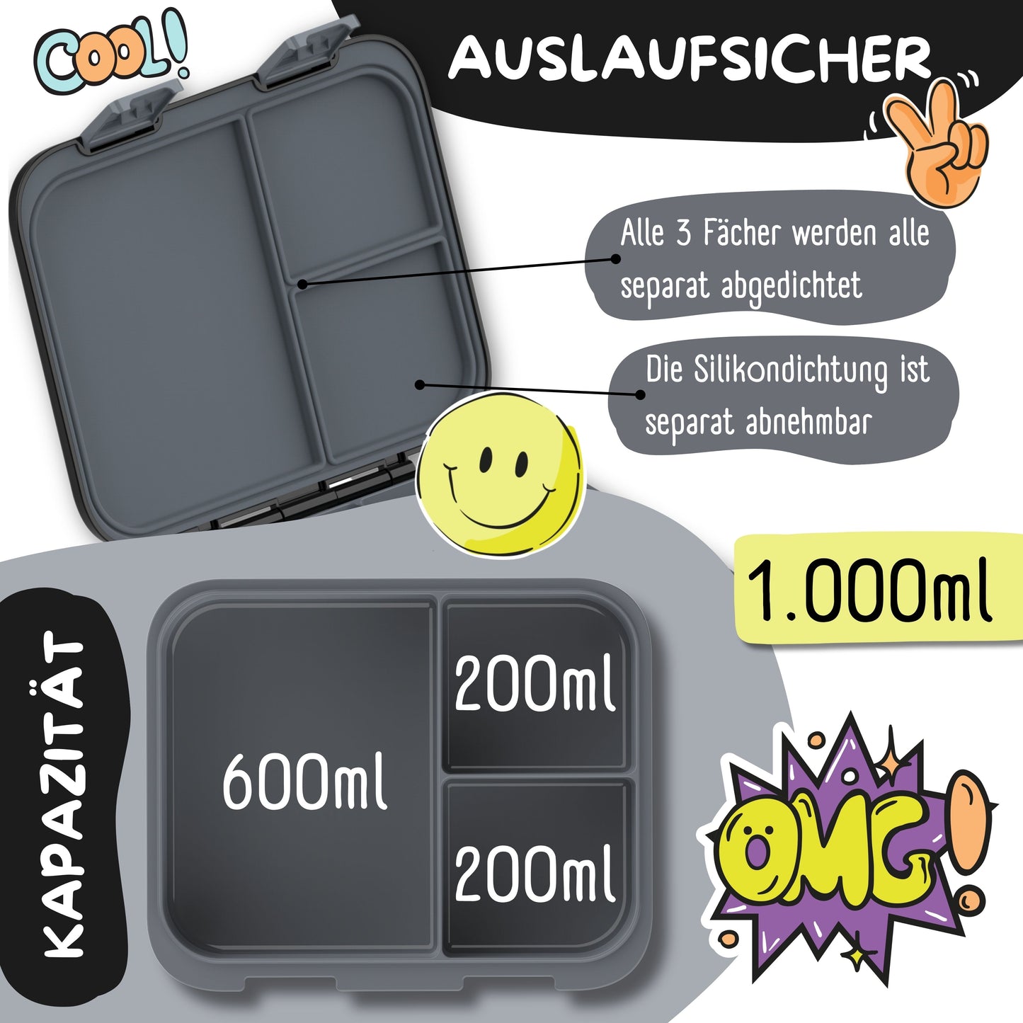 Lunchbox with compartments, lightweight & leak-proof - black