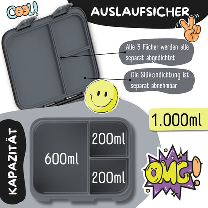 Lunchbox with compartments, lightweight & leak-proof - black