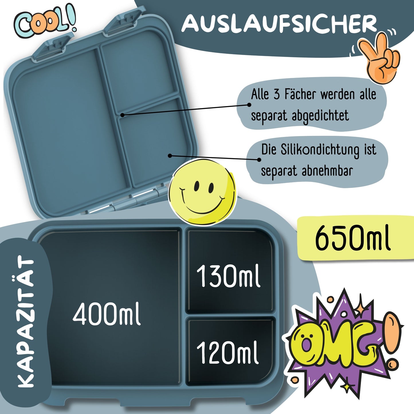Brotdose mit Fächern, leicht & auslaufsicher - Sticker blau