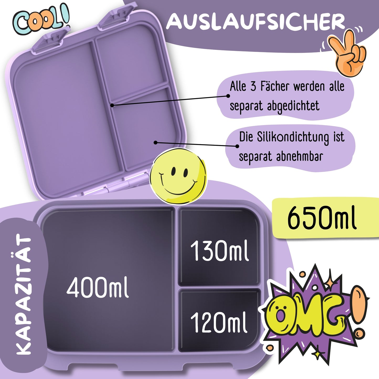 Compartmented lunch box, lightweight & leak-proof - Unicorn purple