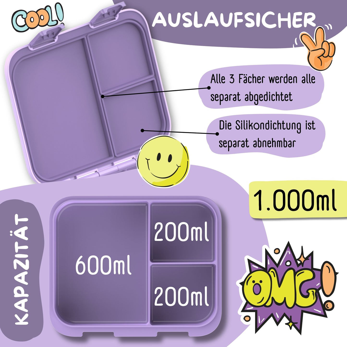 Brotdose mit Fächern, leicht & auslaufsicher - Lama lila