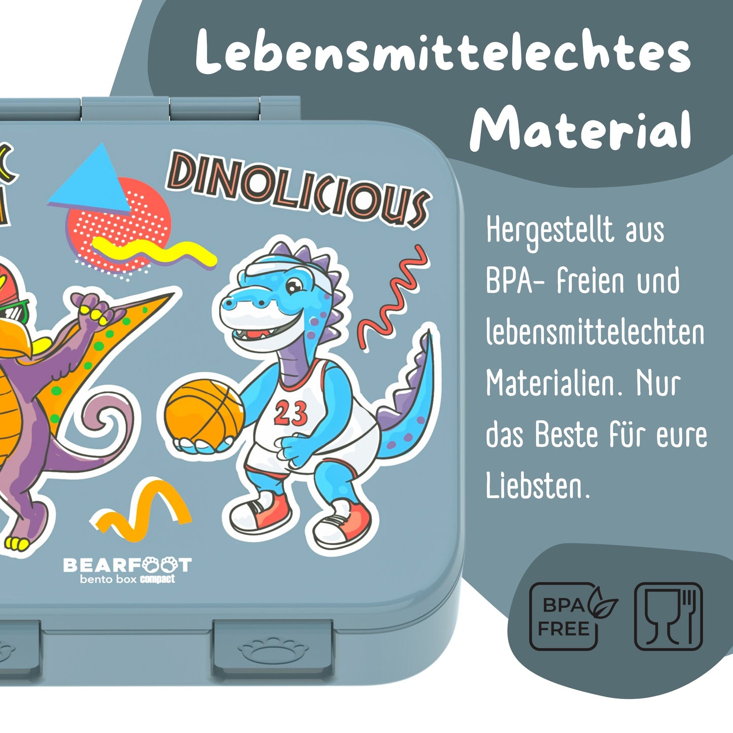 Lunch box with compartments, lightweight & leak-proof - Dinos blue