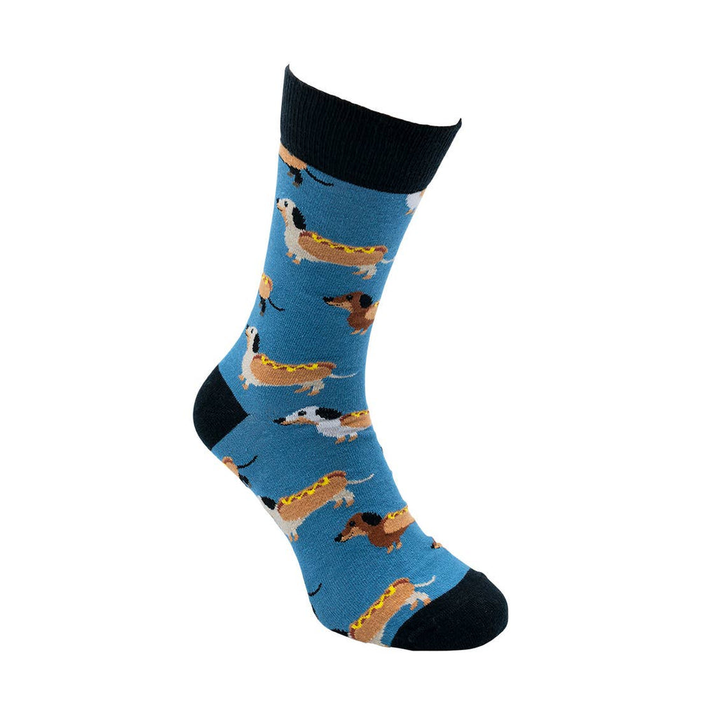 Socken mit Dackeln im Hotdog-Brötchen