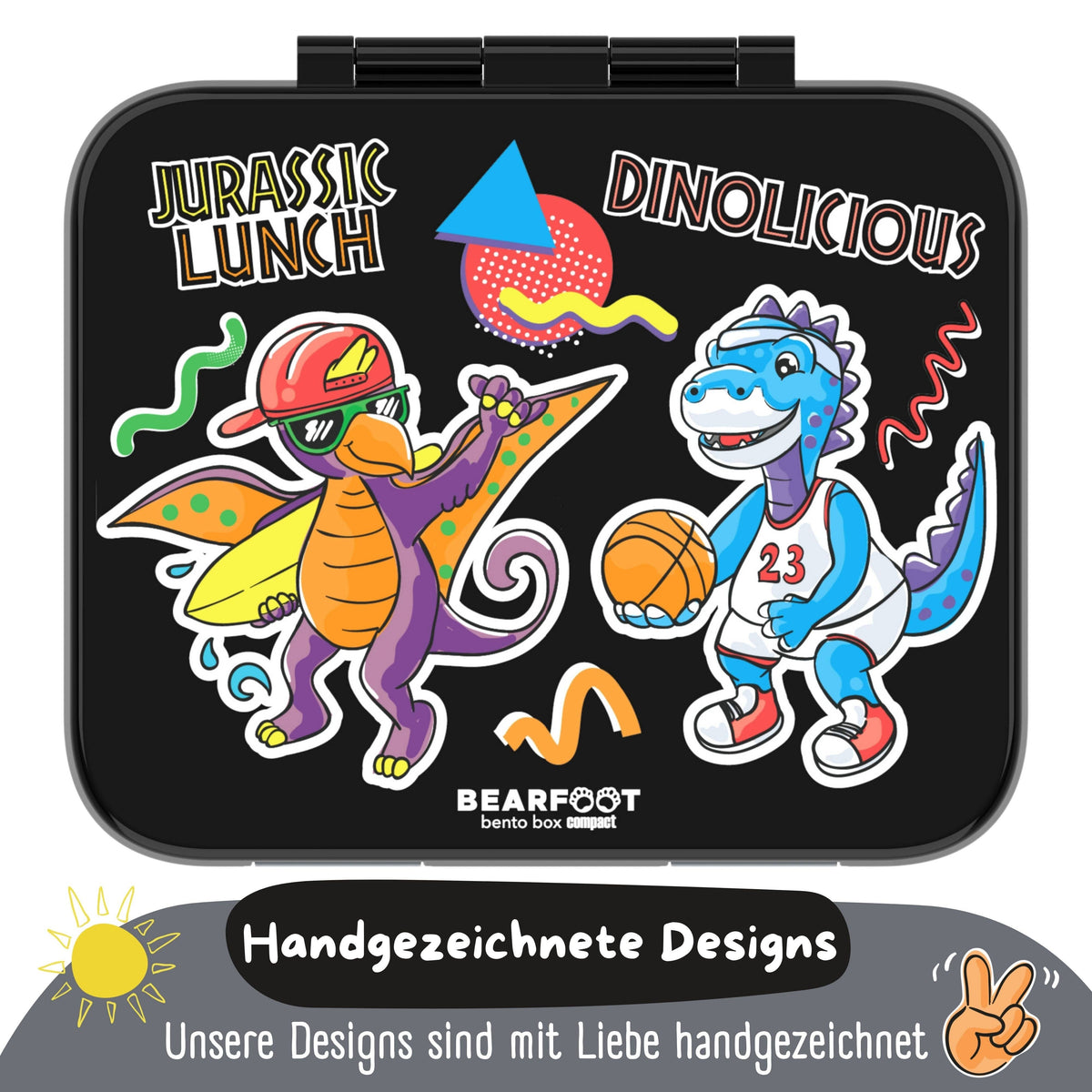 Lunch box with compartments, lightweight & leak-proof - Dinos black