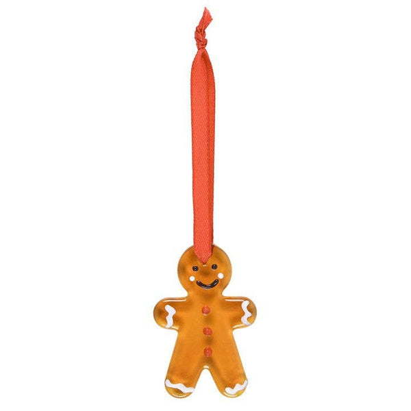 Hanging glass decorations in the shape of gingerbread men