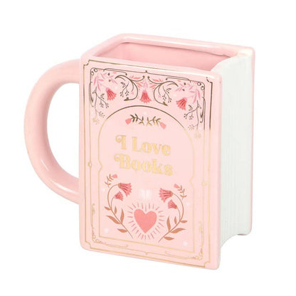 “I Love Books” Book Shaped Mug Pink