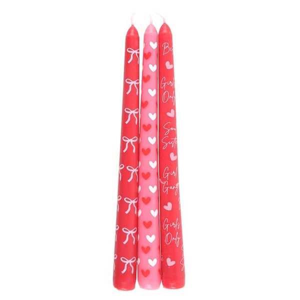Set of 3 taper candles with bow and love heart for Valentine's Day