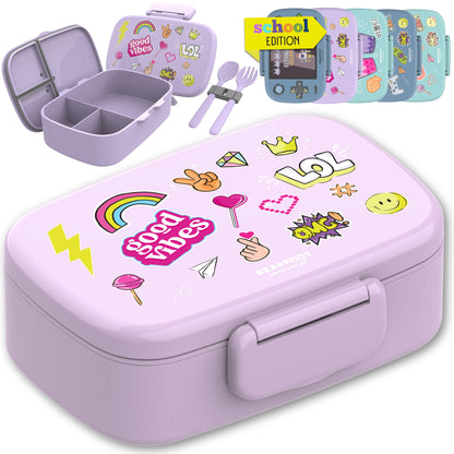 Kids Lunch Box with Compartments, Leakproof - Stickers, Purple