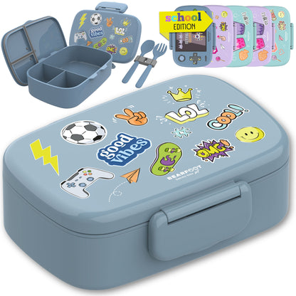 Brotdose Kinder mit Fächern, auslaufsicher - Sticker, blau