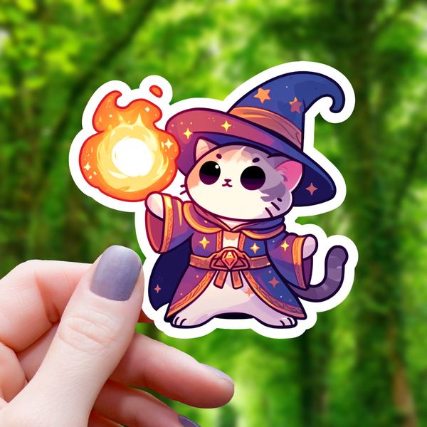 Wizard Cat sticker met vuurbal
