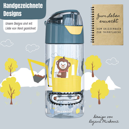 Kids' Water Bottle, Lightweight Water Bottle - Excavator & Monkey