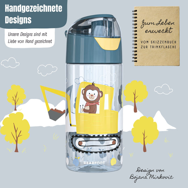Kids' Water Bottle, Lightweight Water Bottle - Excavator & Monkey
