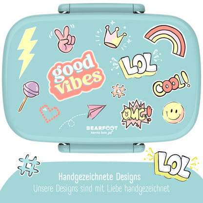 Kids' Bento Lunch Box with Compartments, Leak-Proof - Stickers, Mint