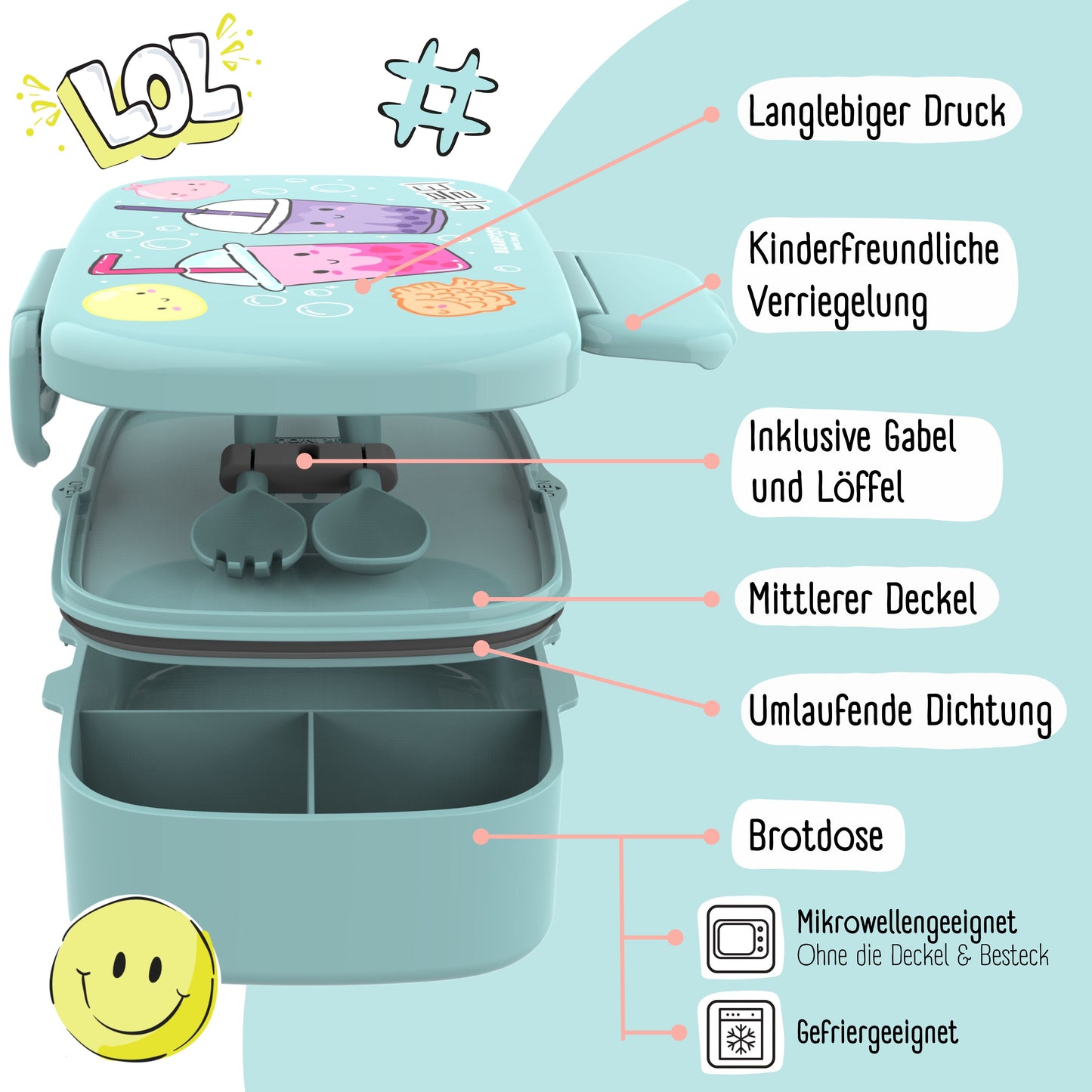 Kids' Bento Box with Compartments, Leakproof - BubbleTea, Mint