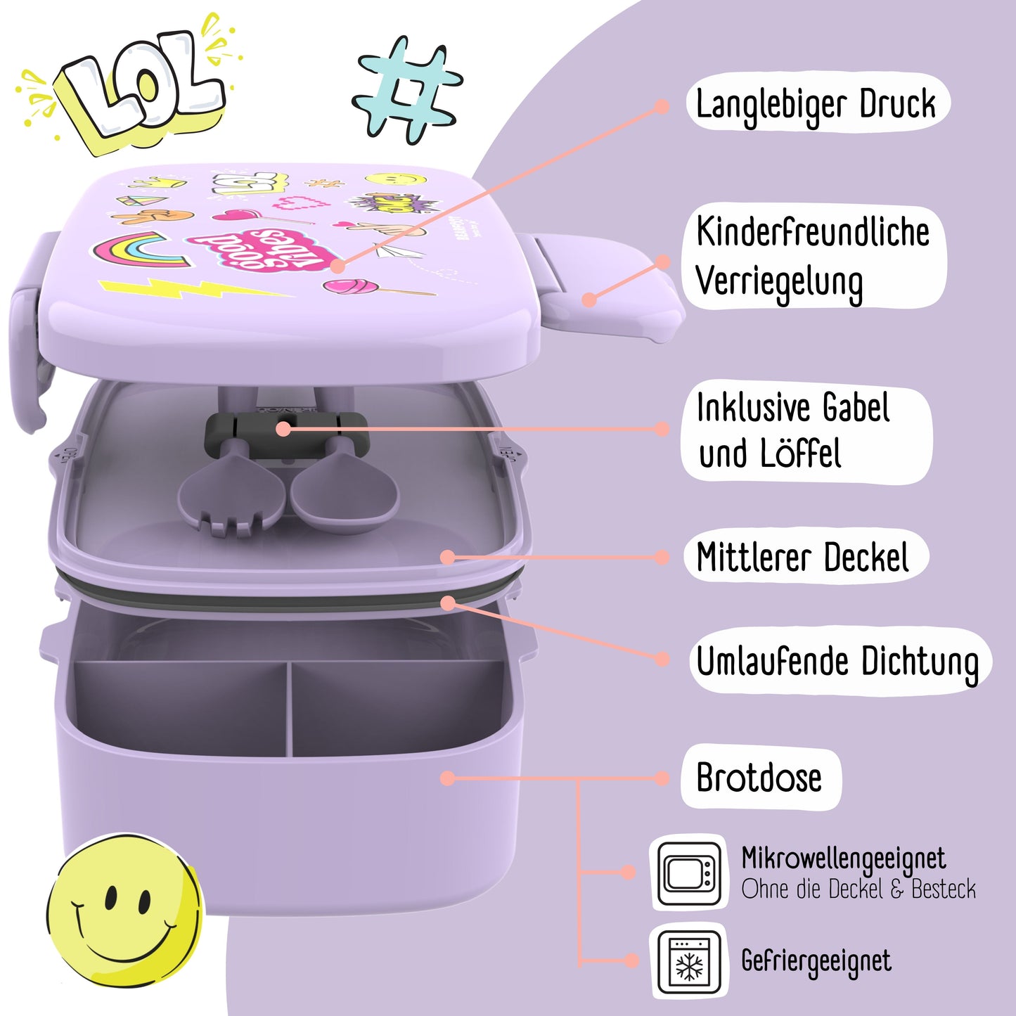 Kids Lunch Box with Compartments, Leakproof - Stickers, Purple
