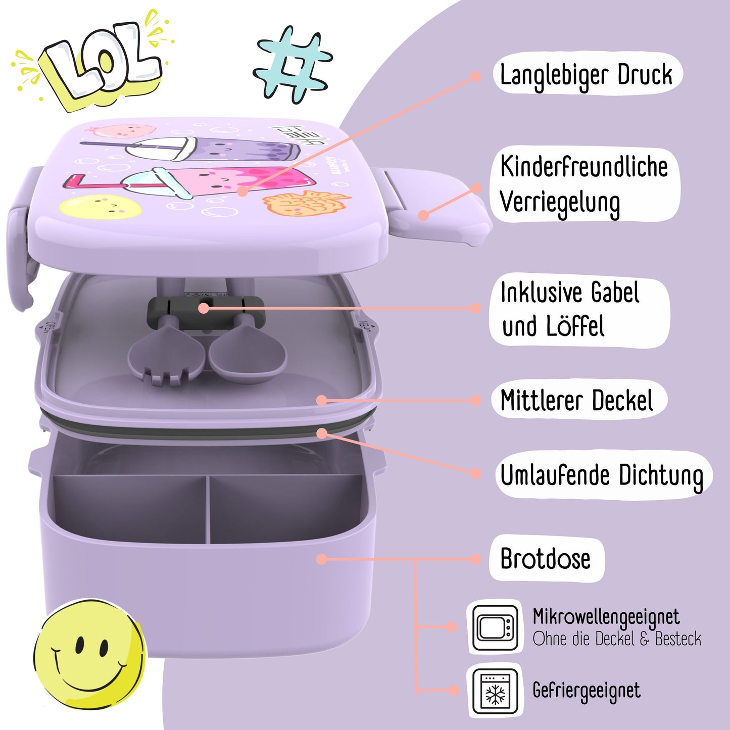 Kids' Bento Box with Compartments, Leak-Proof - BubbleTea, Purple