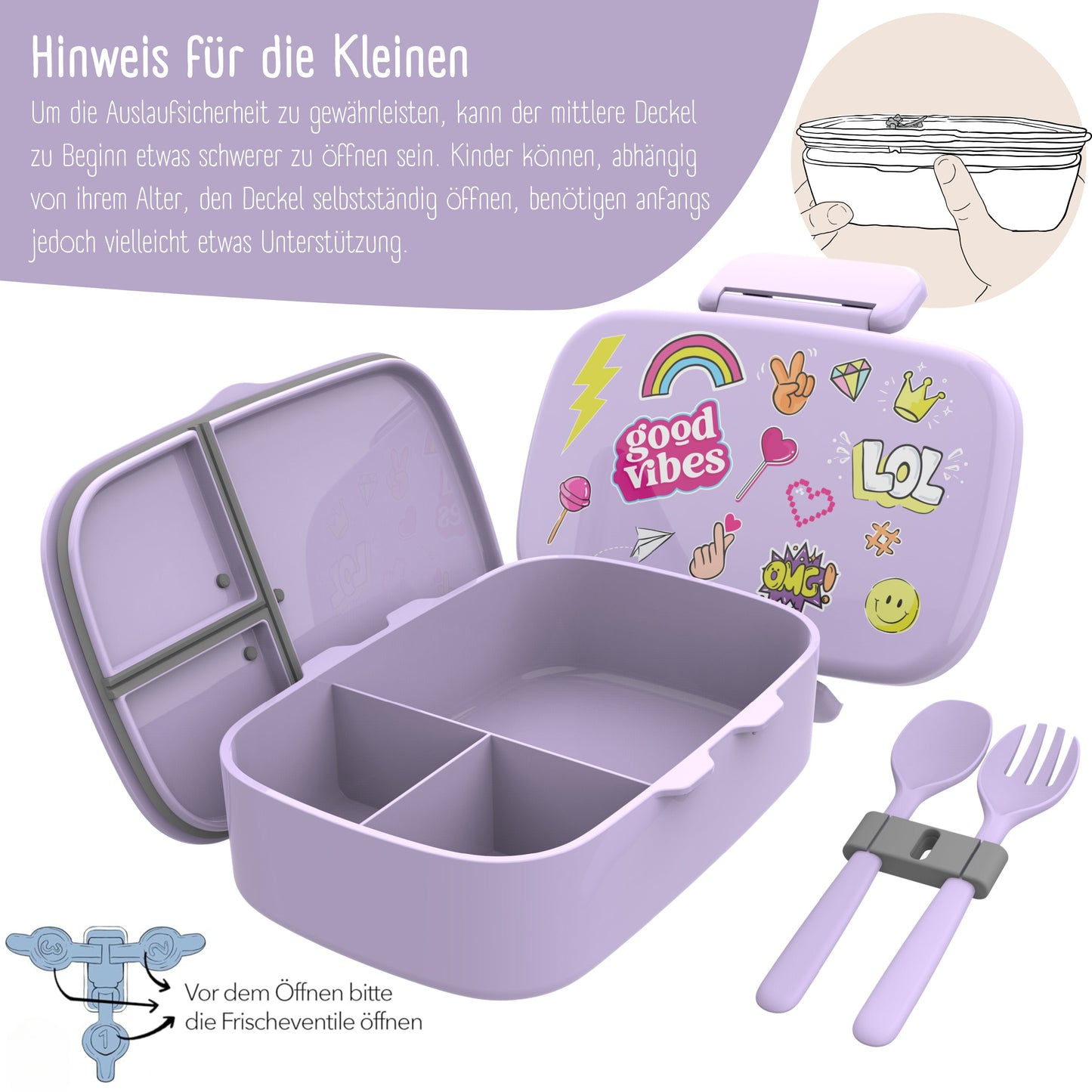 Kids Lunch Box with Compartments, Leakproof - Stickers, Purple
