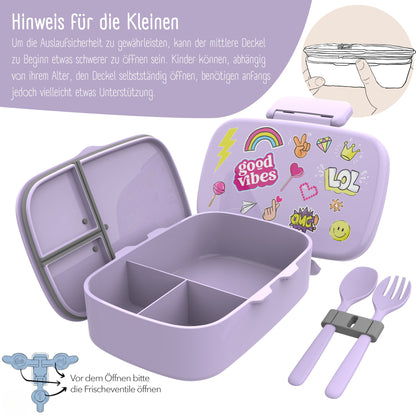 Kids Lunch Box with Compartments, Leakproof - Stickers, Purple