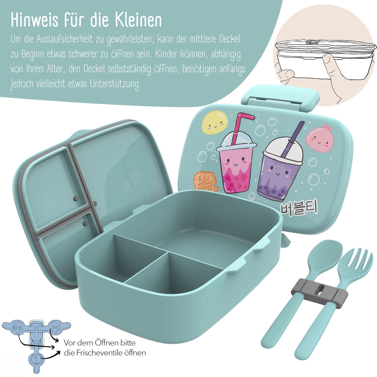 Kids' Bento Box with Compartments, Leakproof - BubbleTea, Mint