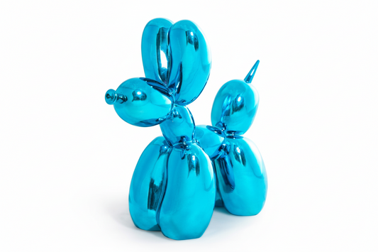 Large decorative figurine of a dog with a blue electric balloon.