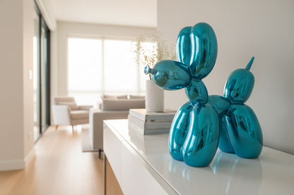 Large decorative figurine of a dog with a blue electric balloon.