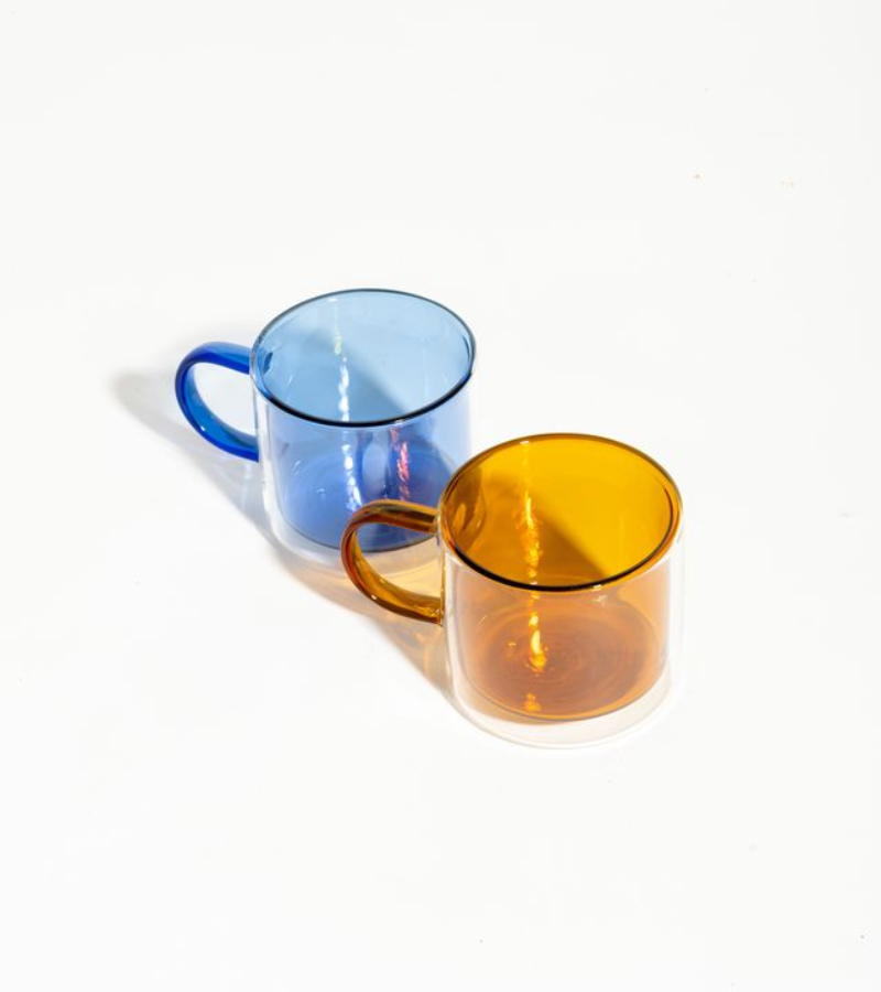 Blue-amber borosilicate double-wall Pair-a-tea mug set