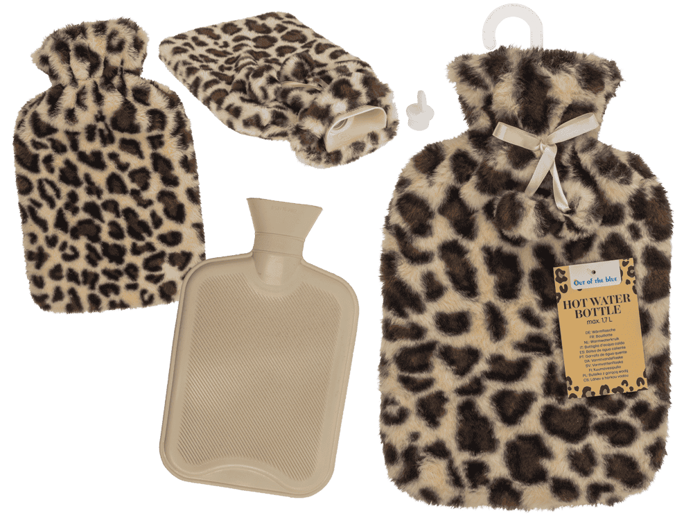 Hot water bottle with leopard-print plush cover