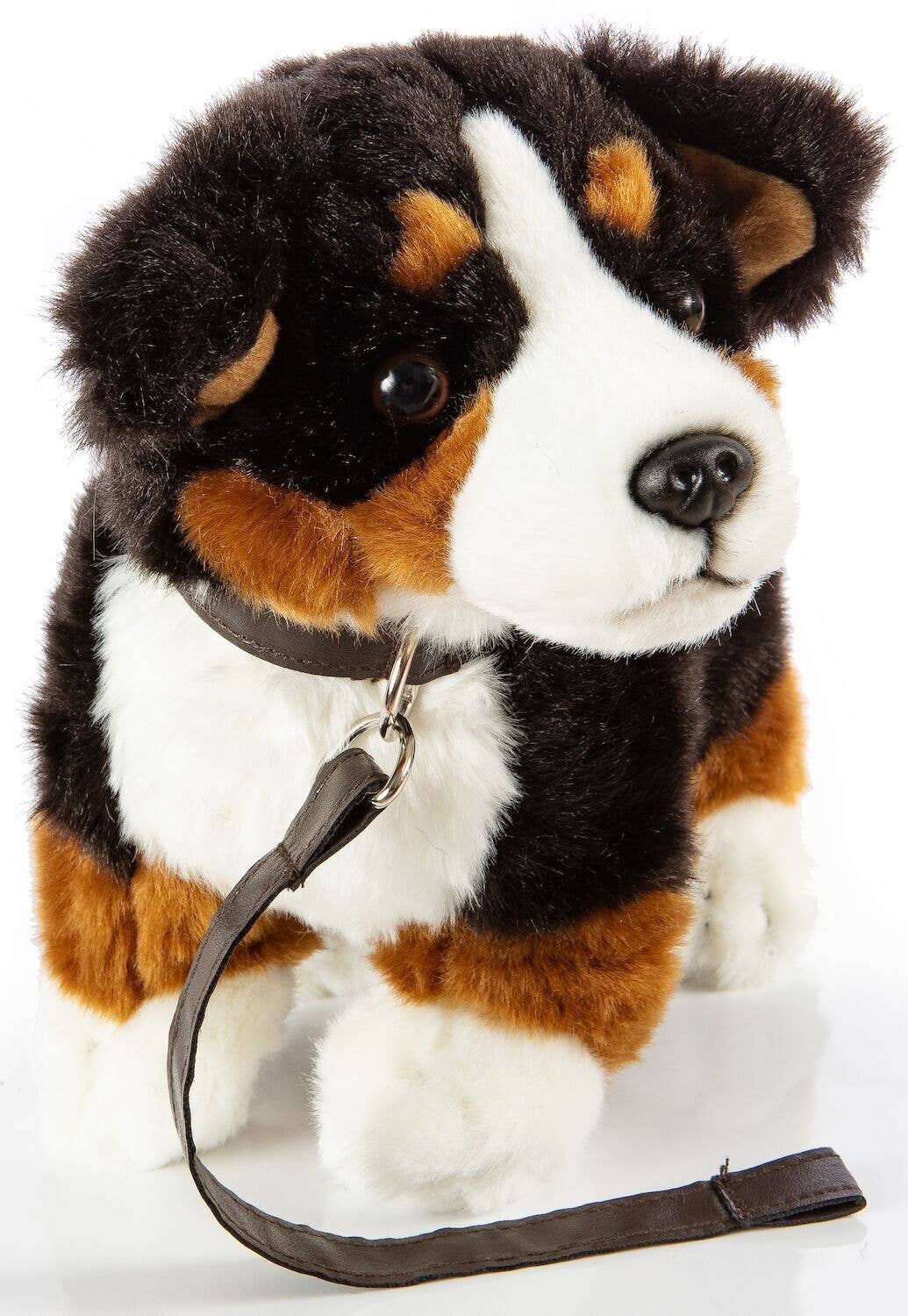 Bernese Mountain Dog standing plush toy with leash