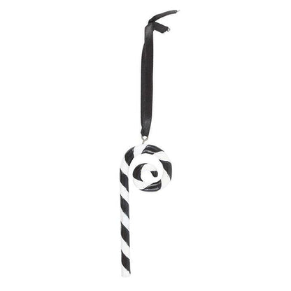 Gothic Christmas ornament in the shape of a black and white candy cane