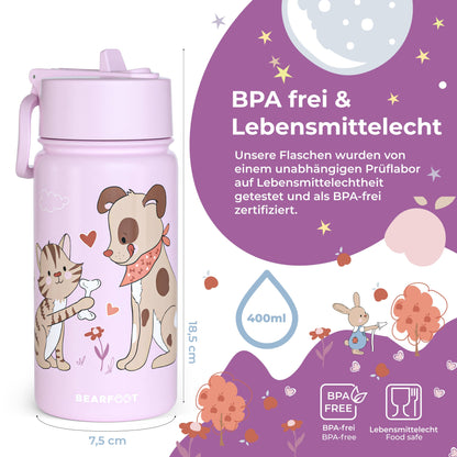 Thermo Kids Stainless Steel Water Bottle - Dog&Cat Purple