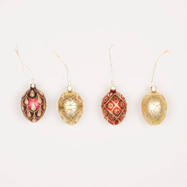 Set van 4 rode en gouden ovale kerstballen