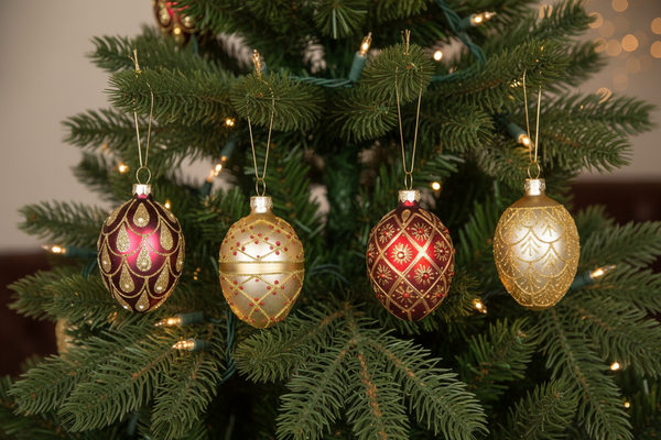 Set van 4 rode en gouden ovale kerstballen