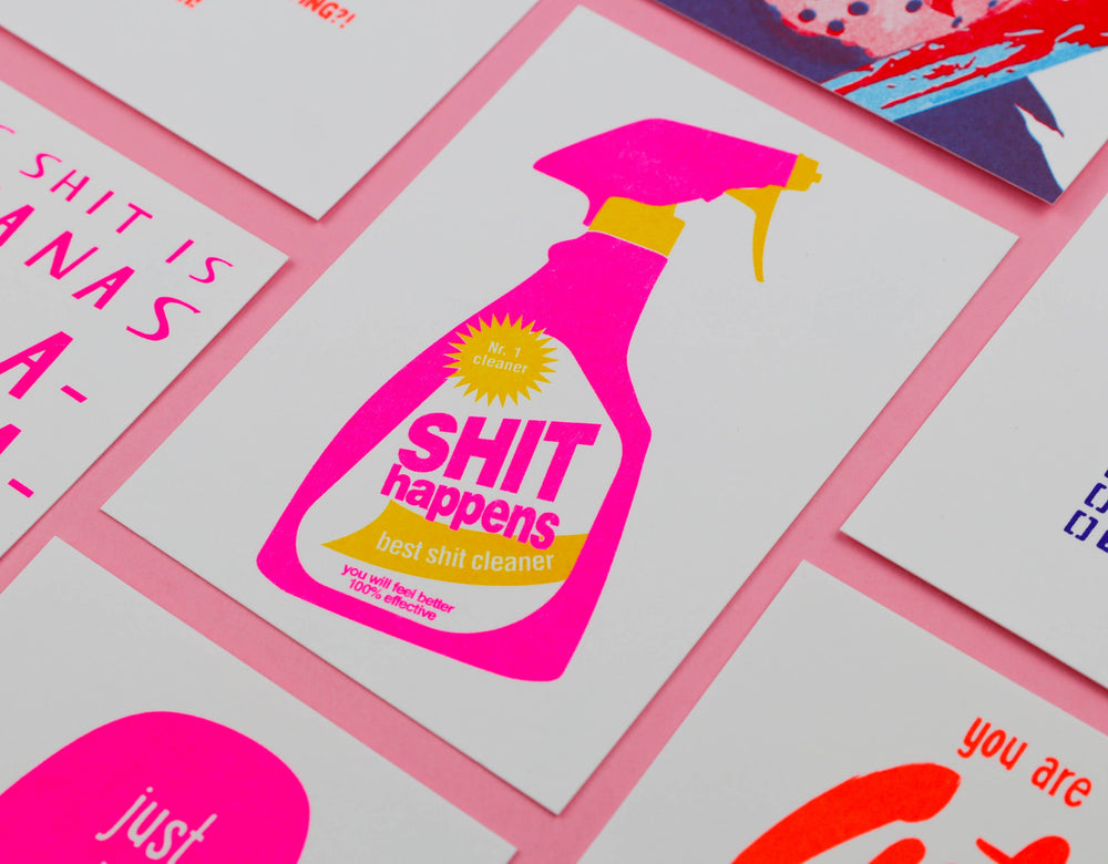 Rhizography Postcard “Shit Happens” Cleaning Spray