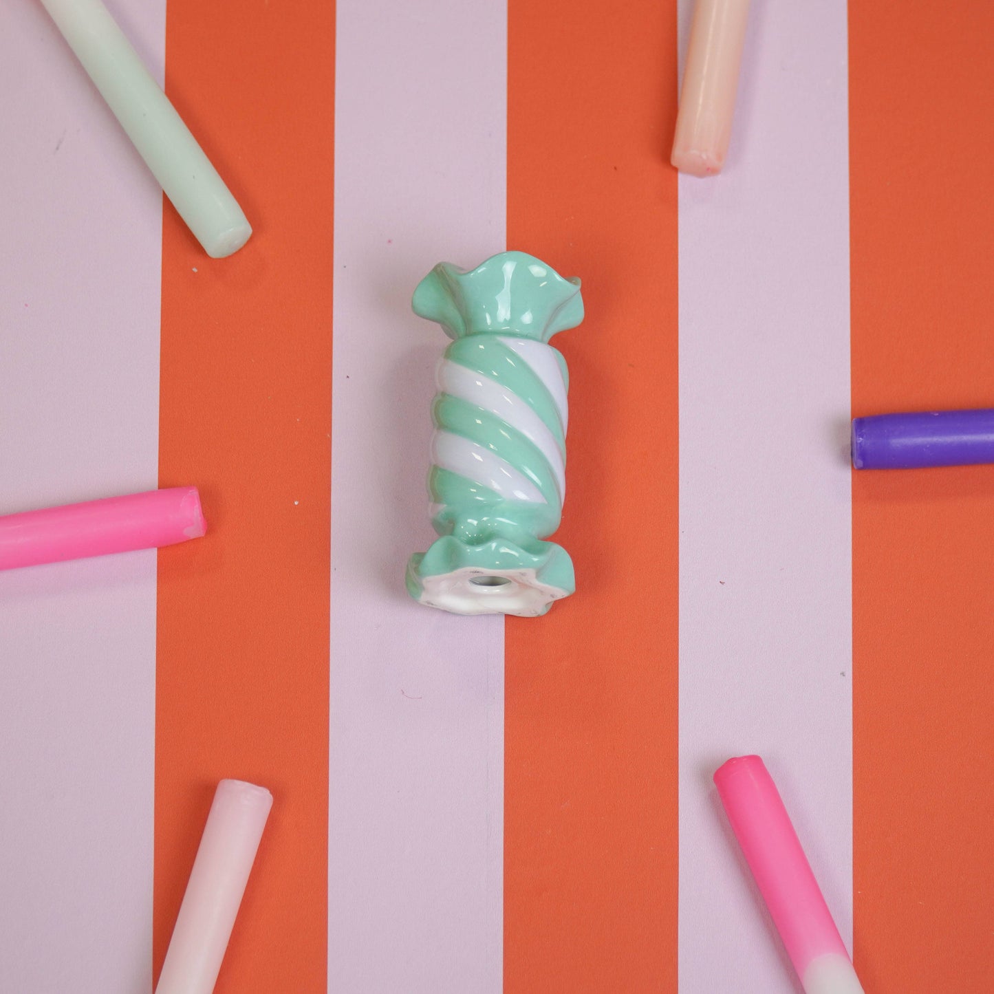 Kandelaar - Toffee Candy - Keramiek - Mint/Lila - 7,5x7,5x13 cm
