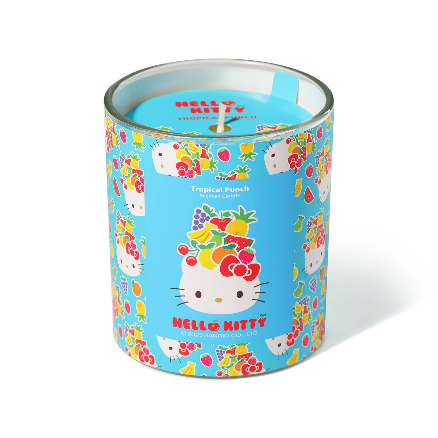 Blauwe kaars met originele Hello Kitty-print, geur Tropical Punch.