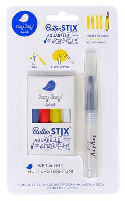 Jaq Jaq Bird: STYLO à l'EAU + BUTTERSTIX CRAIES AQUARELLE , ass. de 4 couleurs, humide & sec, blister 18,5x11x1,5cm, 3+