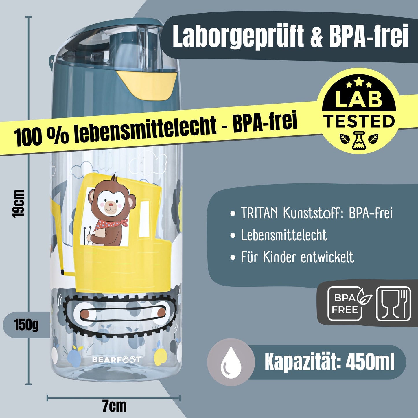 Kids' Water Bottle, Lightweight Water Bottle - Excavator & Monkey