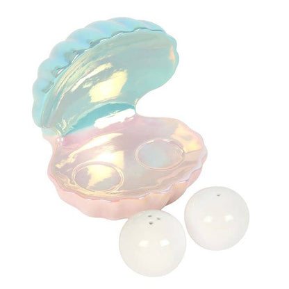 Iridescent clam shell salt and pepper shaker