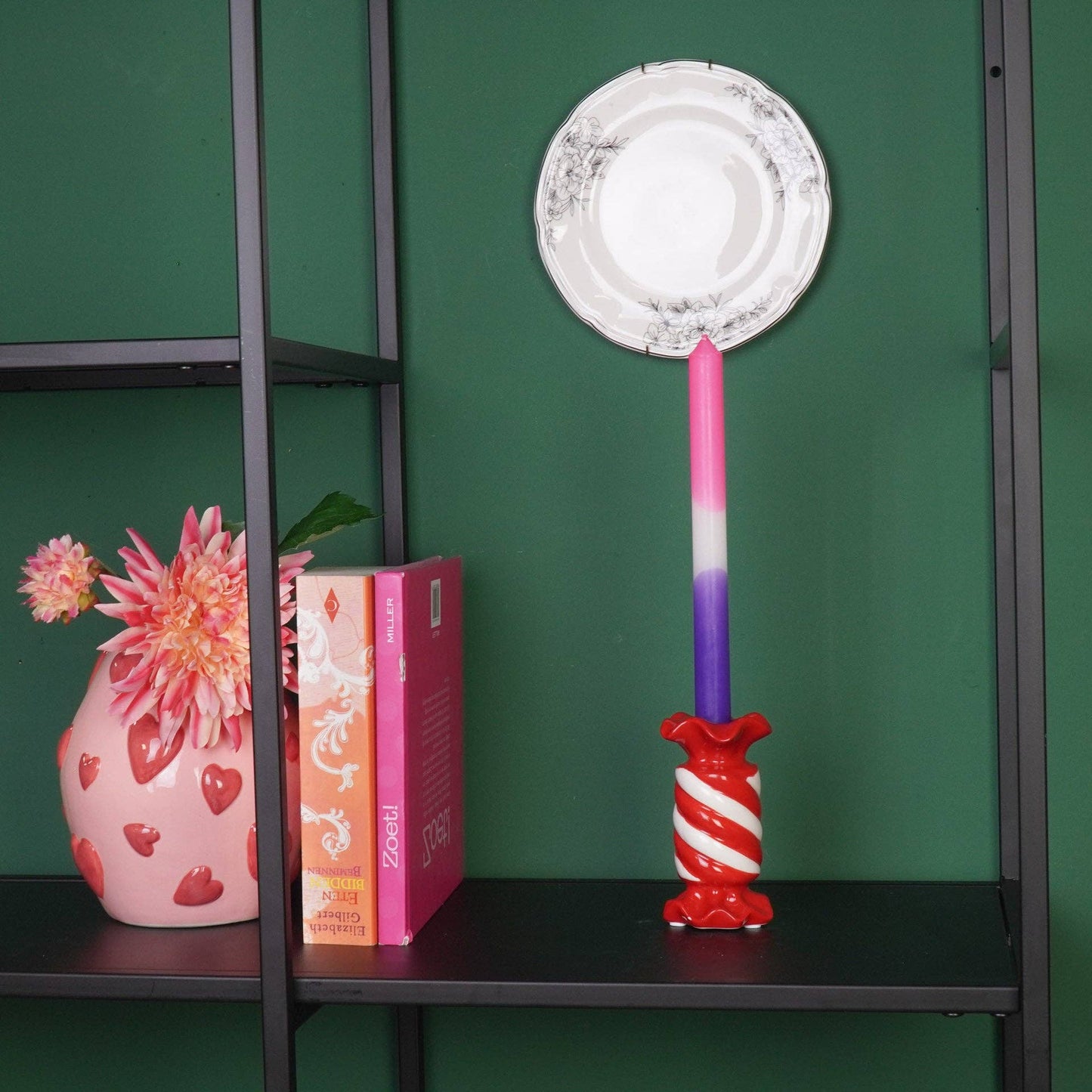 Candlestick - Toffee Candy - Ceramic - Red/White - 7.5x7.5x13 cm