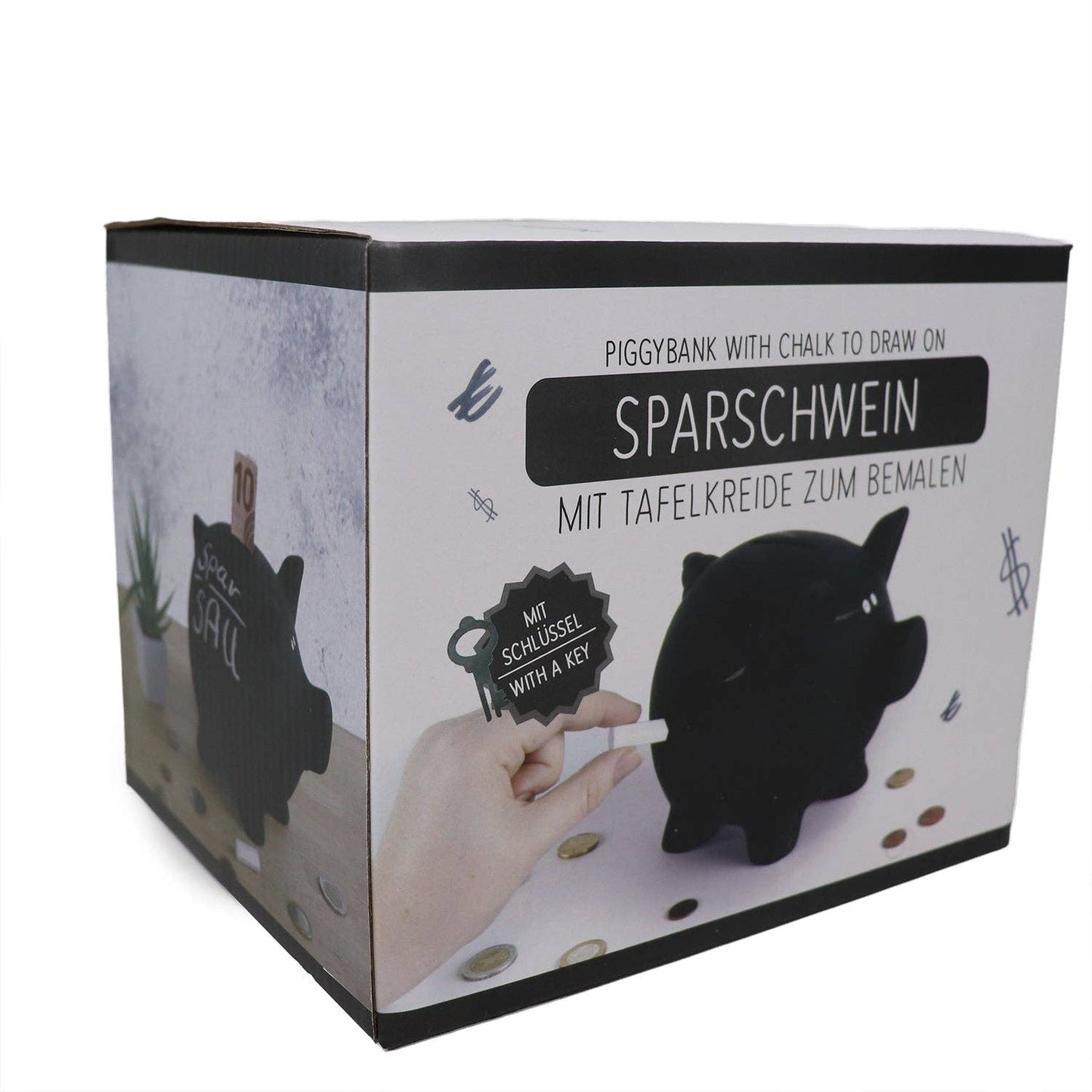 'Blackboard' piggy bank with chalk for writing