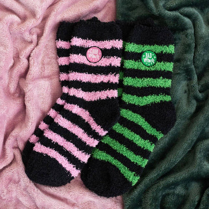 Set of 2 pairs of fluffy striped socks: Good Witch, Bad Witch