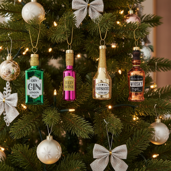 Kerstballen, fles alcohol