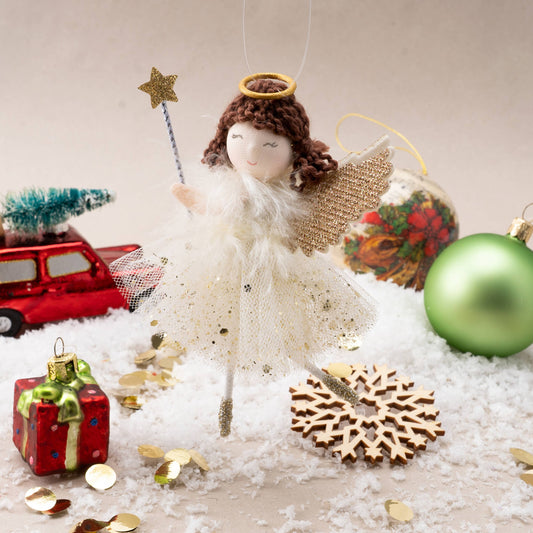 Hanging decoration: golden angel with dark hair