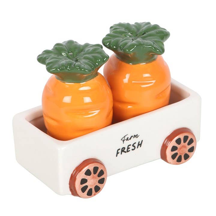Carrot-shaped salt and pepper shakers in a trolley