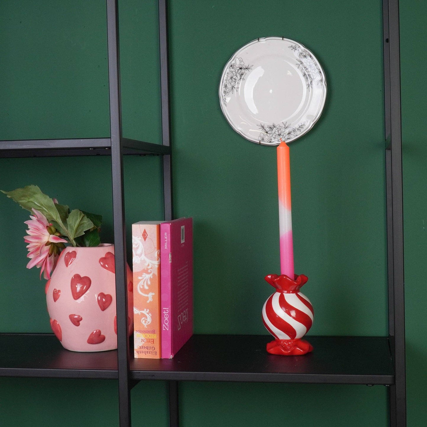 Kandelaar - Toffee Candy - Rood/Wit - 8,5x8,5x13 cm