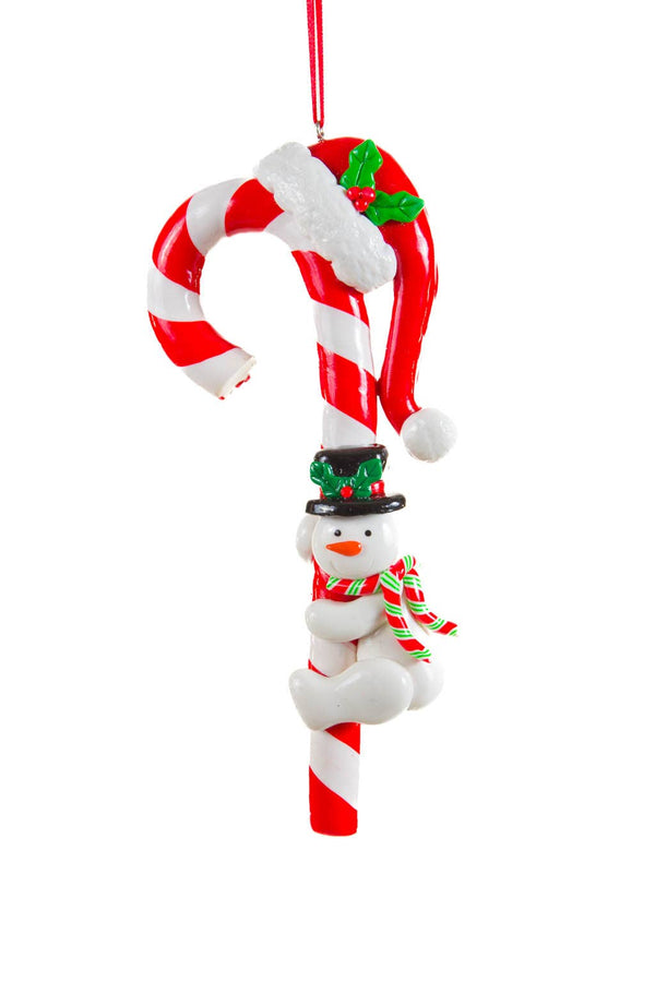 White/red candy cane hanging decoration with snowman