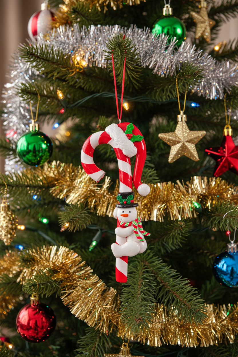 White/red candy cane hanging decoration with snowman