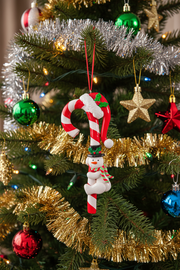 White/red candy cane hanging decoration with snowman